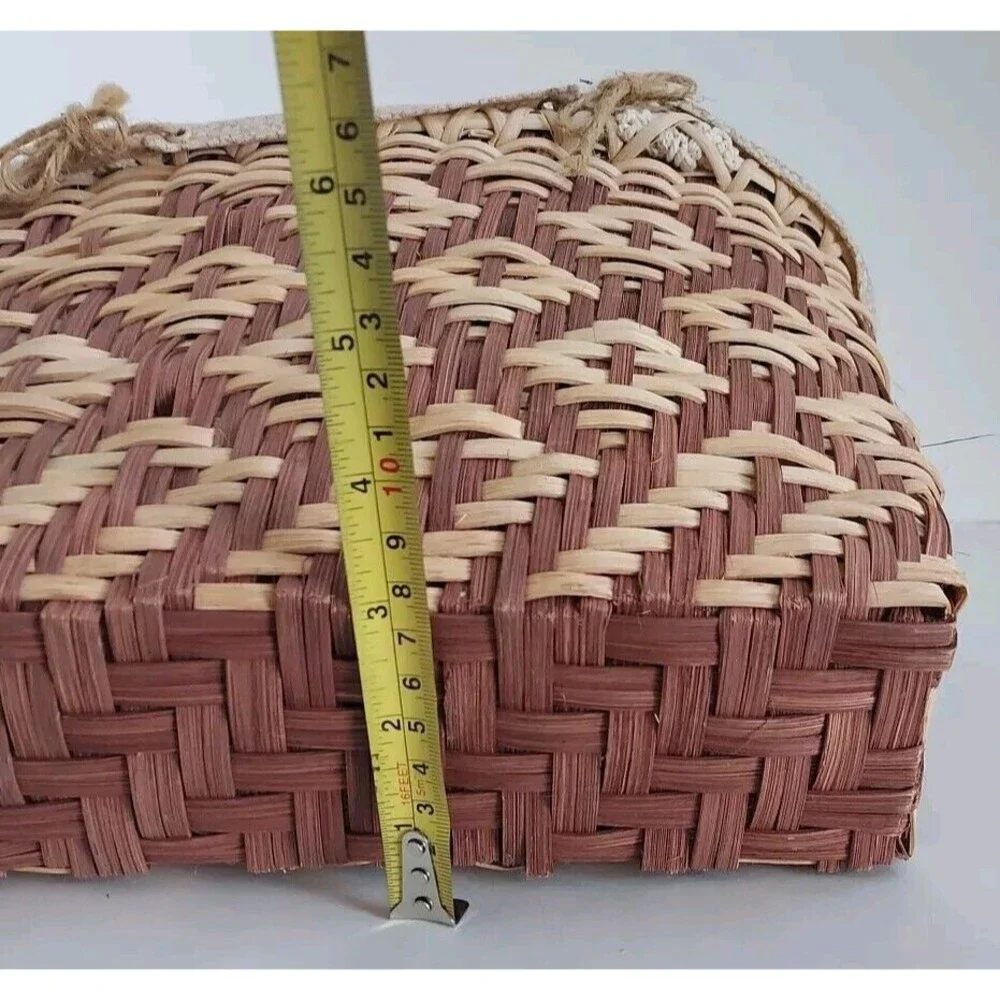 Vintage Handmade Brown & Tan Woven Basket Lined Tote Handbag W/Crochet Handles